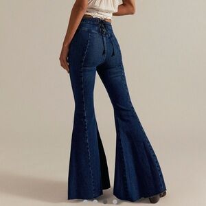 NWT Free People We The Free Just Float On Flare Jeans Lace Back Denim Blue 31